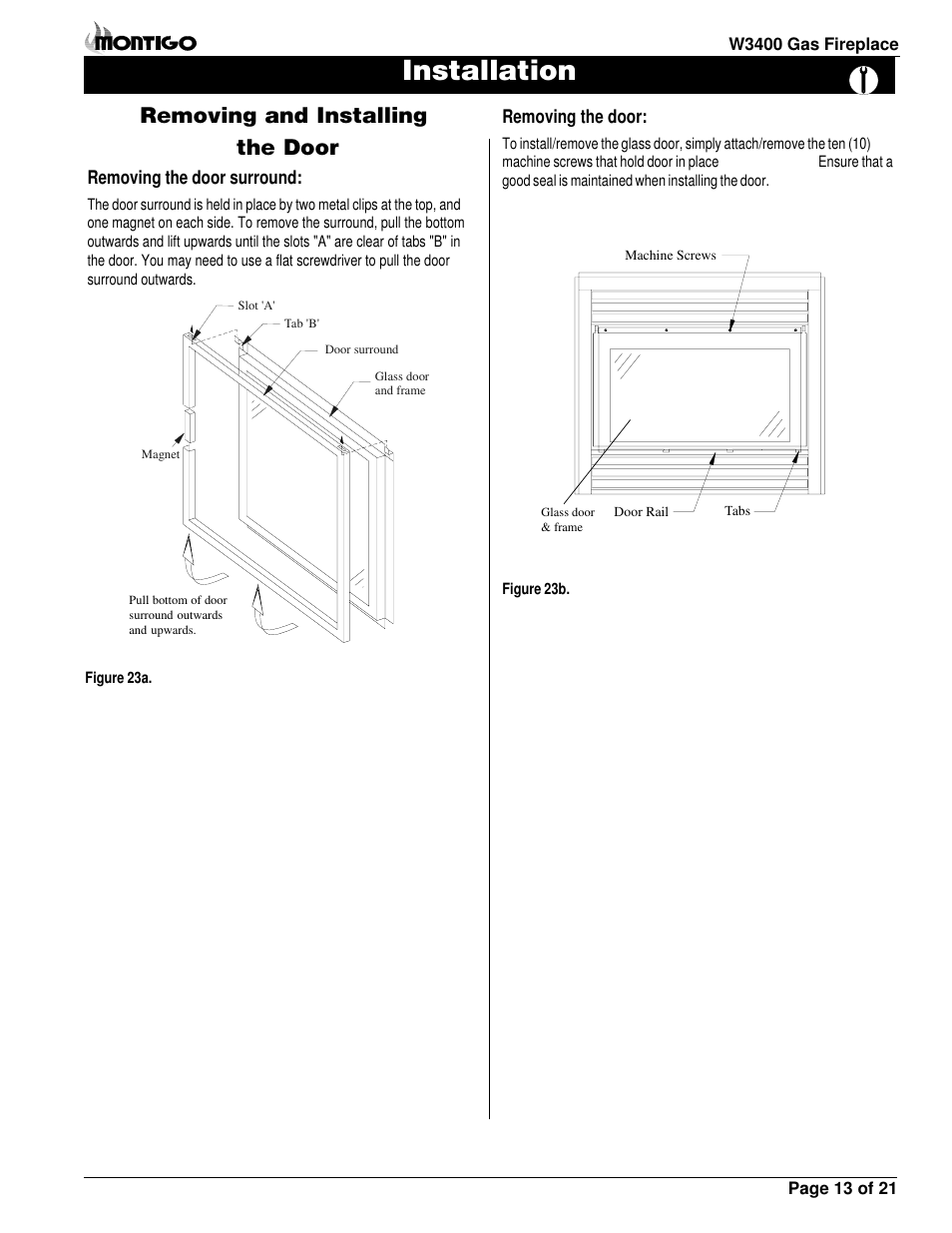 Installation, Removing and installing the door | Montigo MW34 DV User Manual | Page 13 / 22