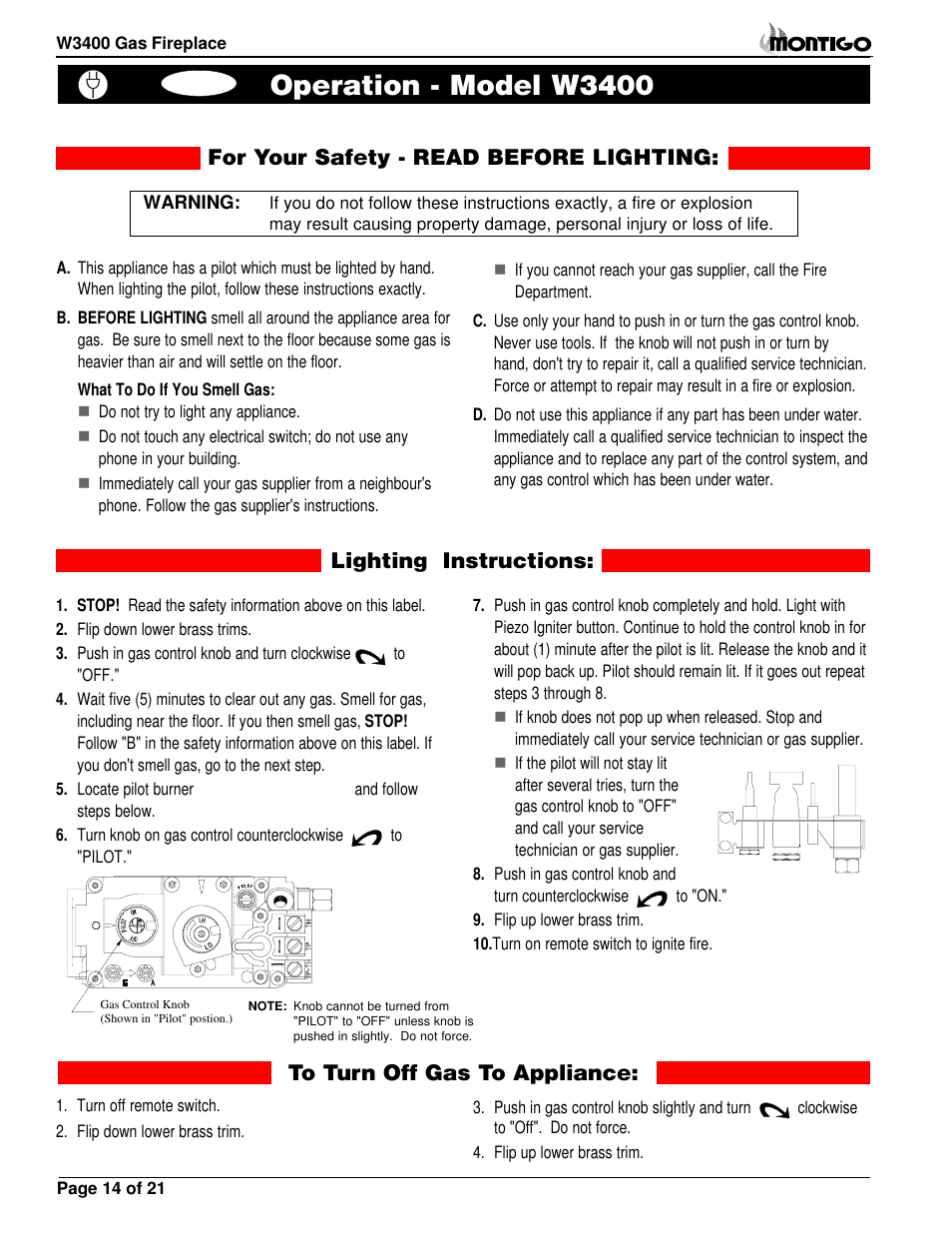 Operation - model w3400, Lighting instructions | Montigo MW34 DV User Manual | Page 14 / 22