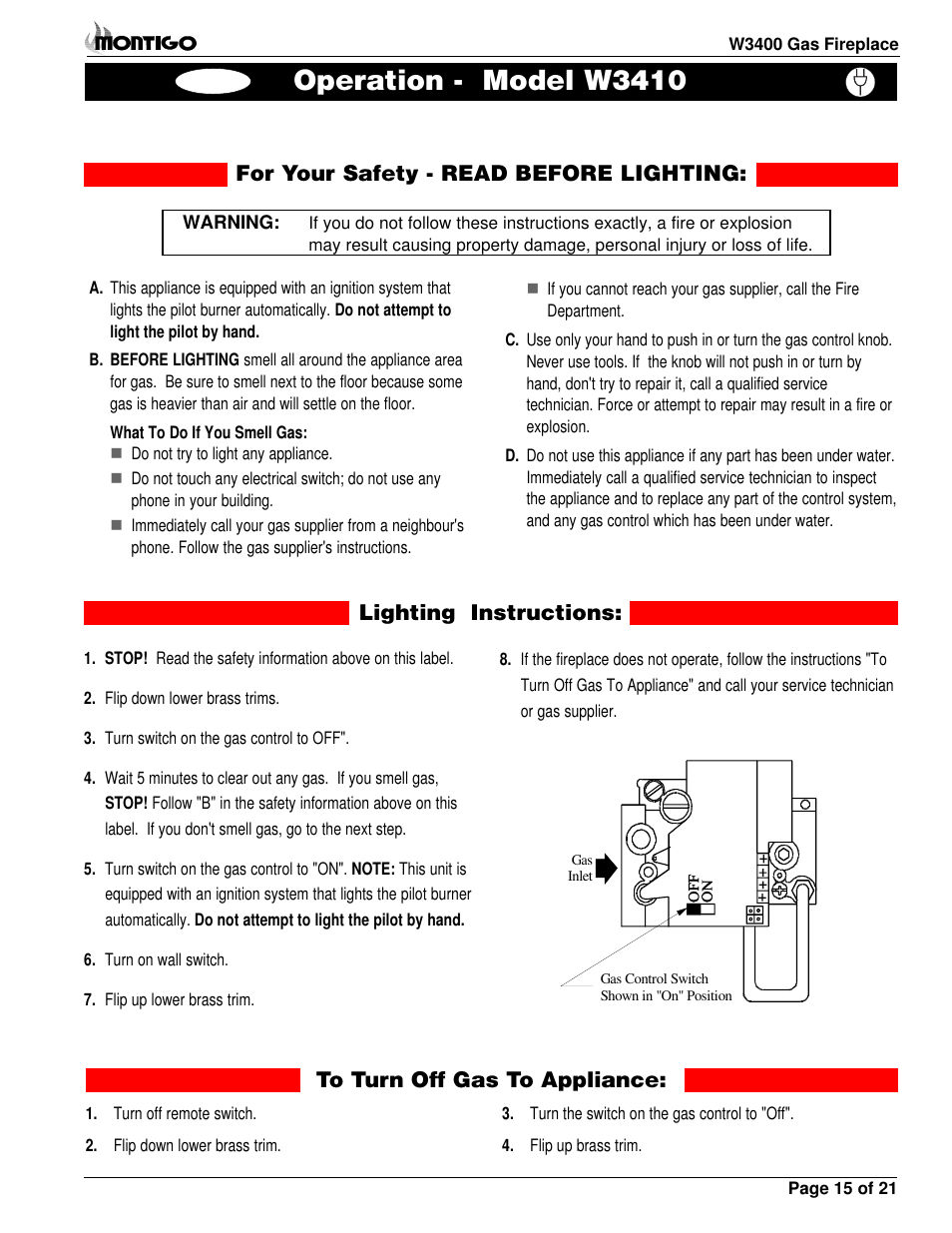 Operation - model w3410, With honeywell (electronic) intermittent pilot | Montigo MW34 DV User Manual | Page 15 / 22