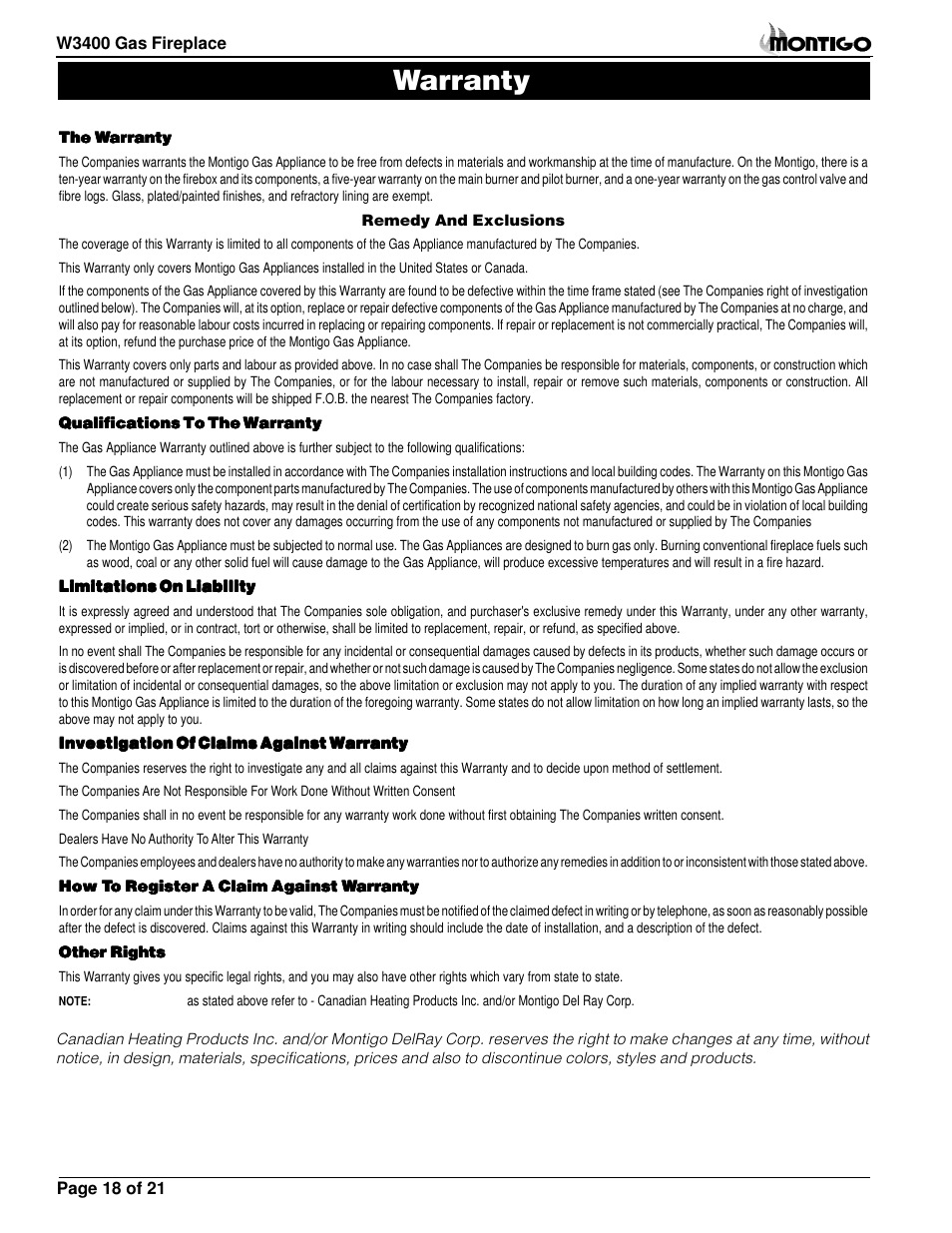 Warranty | Montigo MW34 DV User Manual | Page 18 / 22