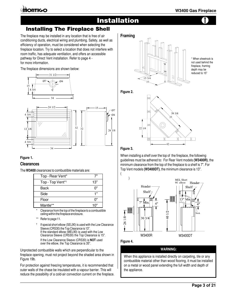 Installation, Installing the fireplace shell, Framing | Clearances | Montigo MW34 DV User Manual | Page 3 / 22
