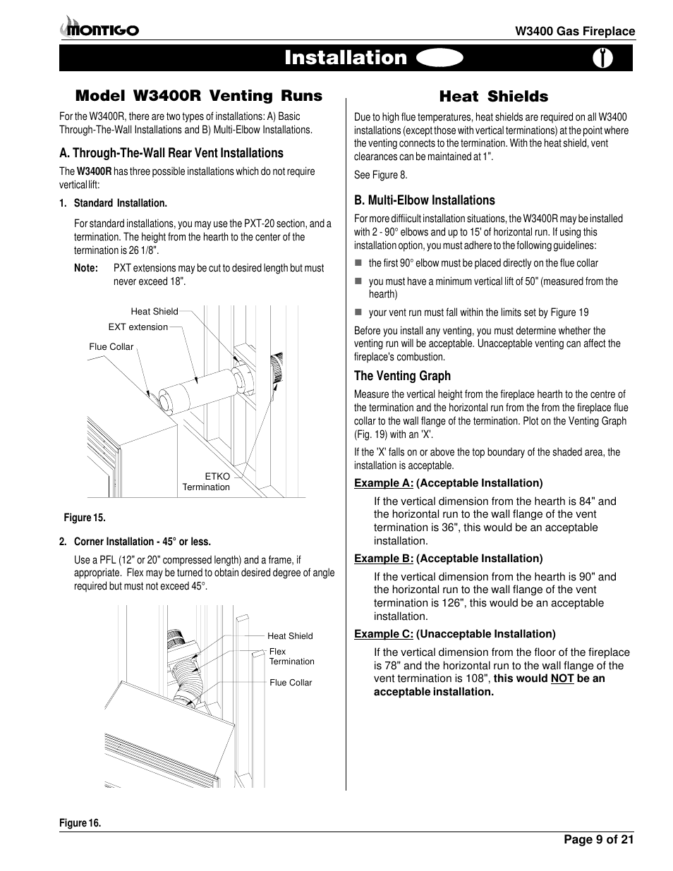 Installation, Model w3400r venting runs, Heat shields | Montigo MW34 DV User Manual | Page 9 / 22