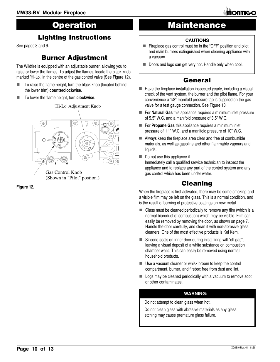 Maintenance, Operation, General | Lighting instructions, Burner adjustment, Cleaning | Montigo MW38 BV User Manual | Page 10 / 14
