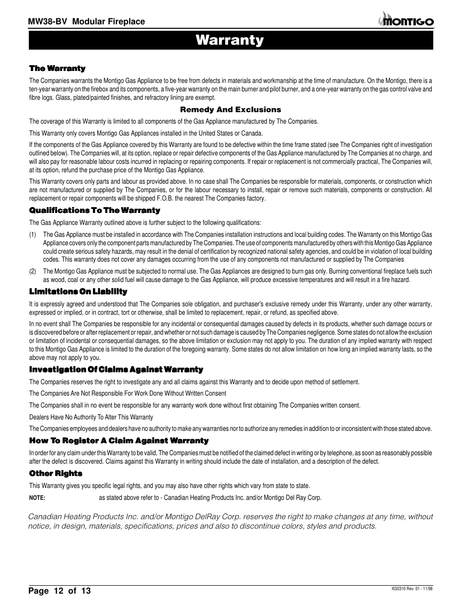 Warranty | Montigo MW38 BV User Manual | Page 12 / 14