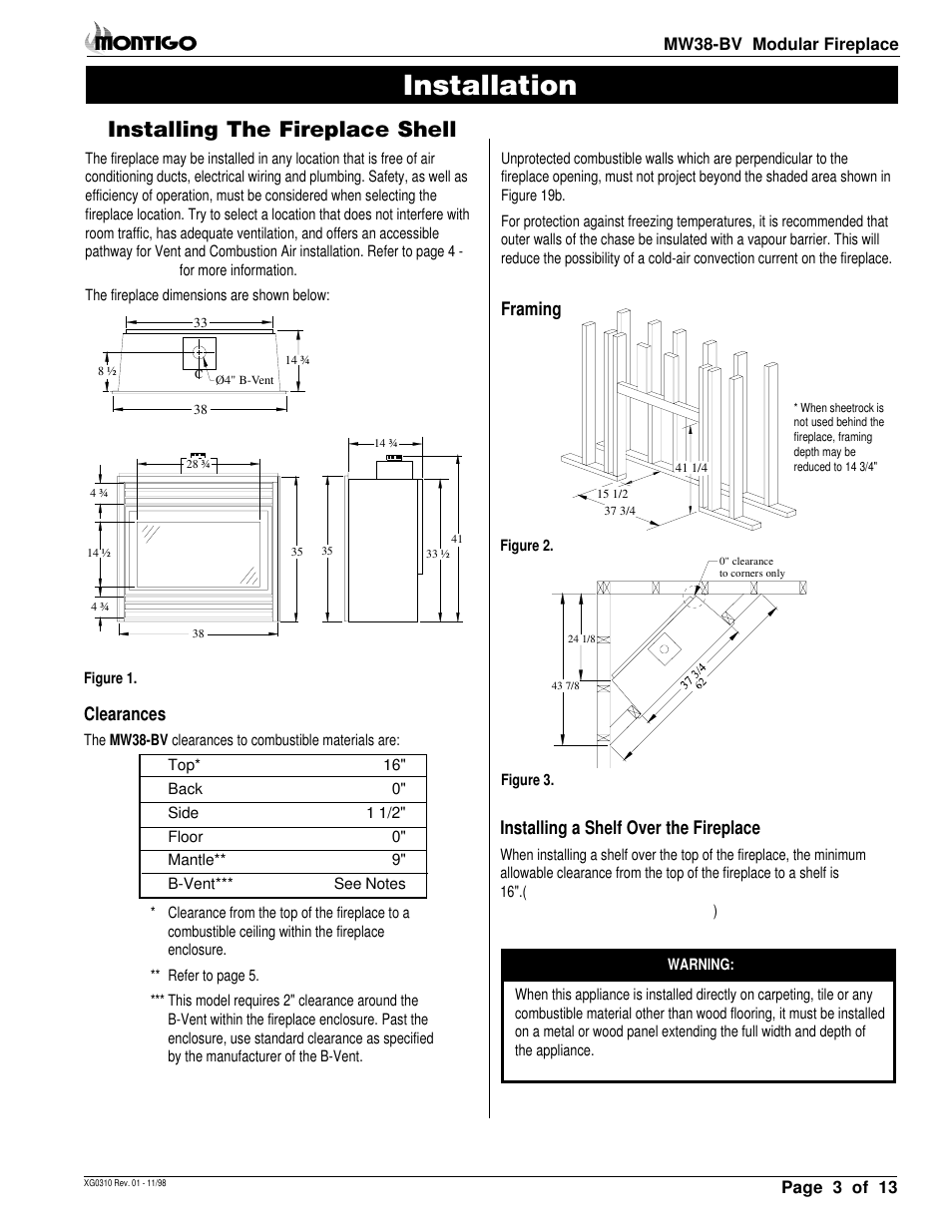 Installation, Installing the fireplace shell, Clearances | Installing a shelf over the fireplace, Framing | Montigo MW38 BV User Manual | Page 3 / 14