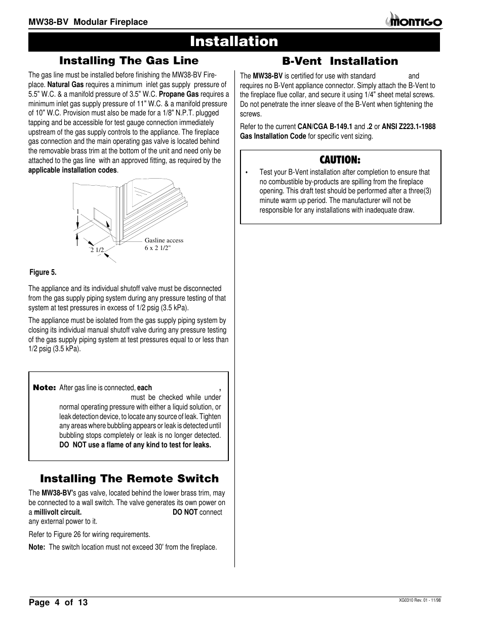 Installation, Installing the gas line, Installing the remote switch | B-vent installation, Caution | Montigo MW38 BV User Manual | Page 4 / 14