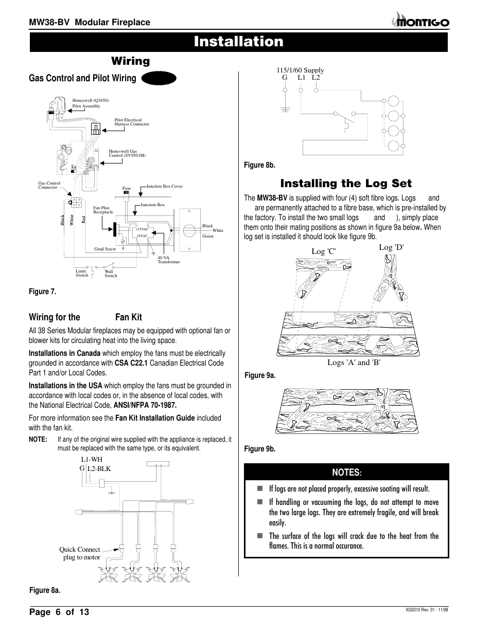 Installation, Wiring, Installing the log set | Gas control and pilot wiring, Wiring for the optional fan kit | Montigo MW38 BV User Manual | Page 6 / 14