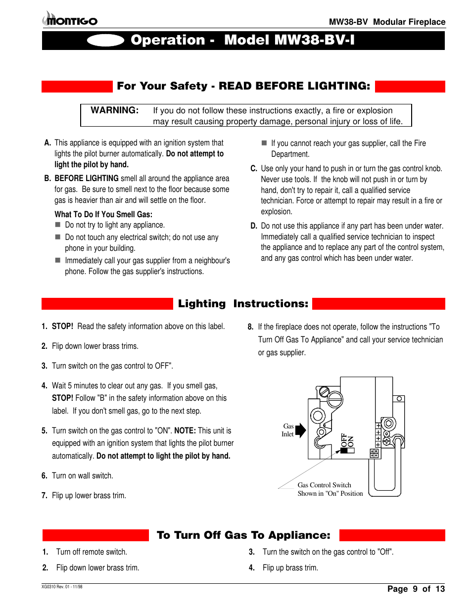 Operation - model mw38-bv-i, With honeywell intermittent pilot | Montigo MW38 BV User Manual | Page 9 / 14