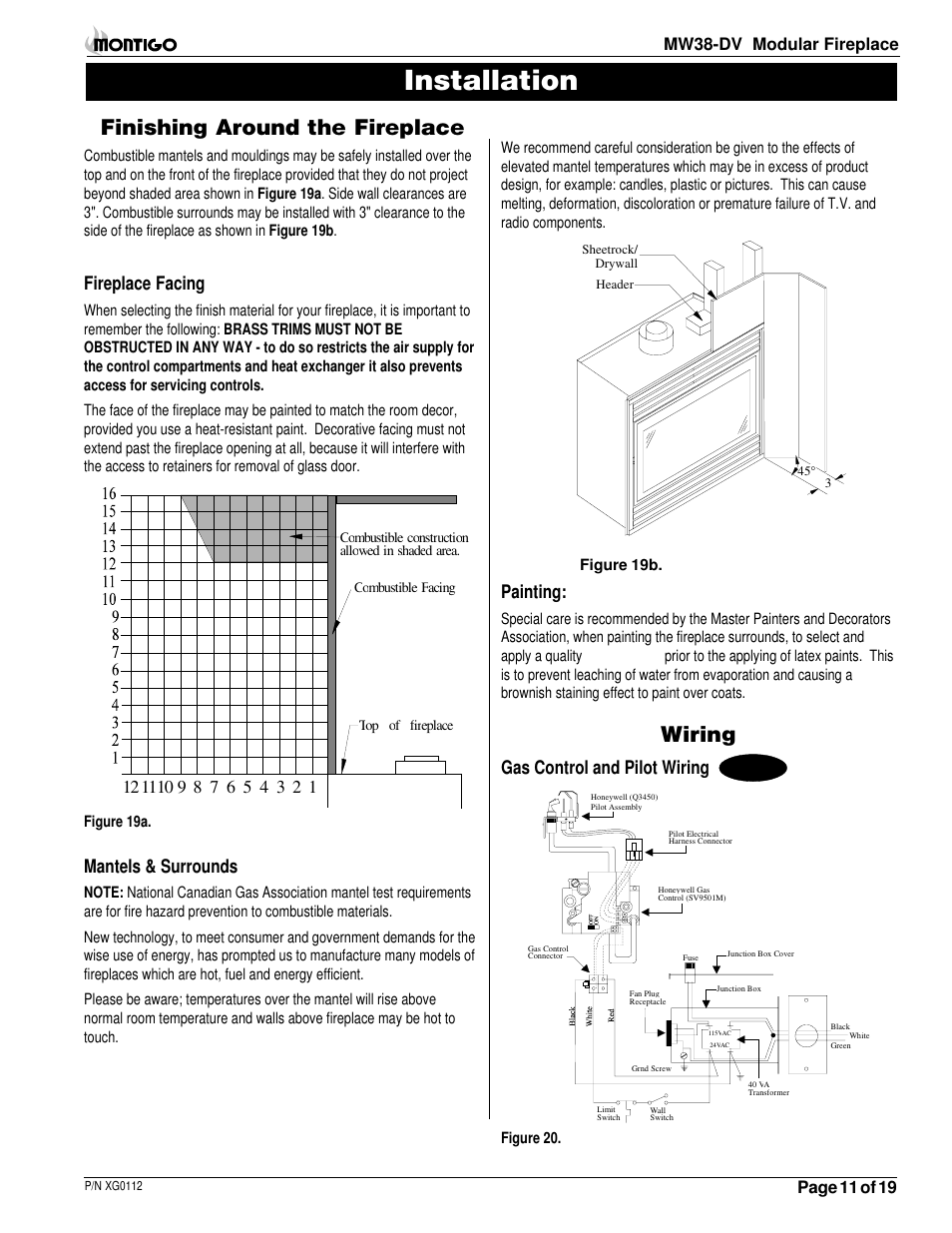 Installation, Finishing around the fireplace, Wiring | Fireplace facing, Painting, Mantels & surrounds, Gas control and pilot wiring, Mw38-dv modular fireplace, Page 11 of 19 | Montigo MW38 DV User Manual | Page 11 / 21