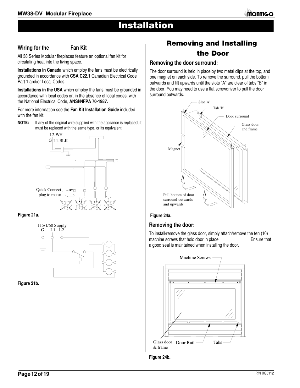 Installation, Removing and installing the door | Montigo MW38 DV User Manual | Page 12 / 21