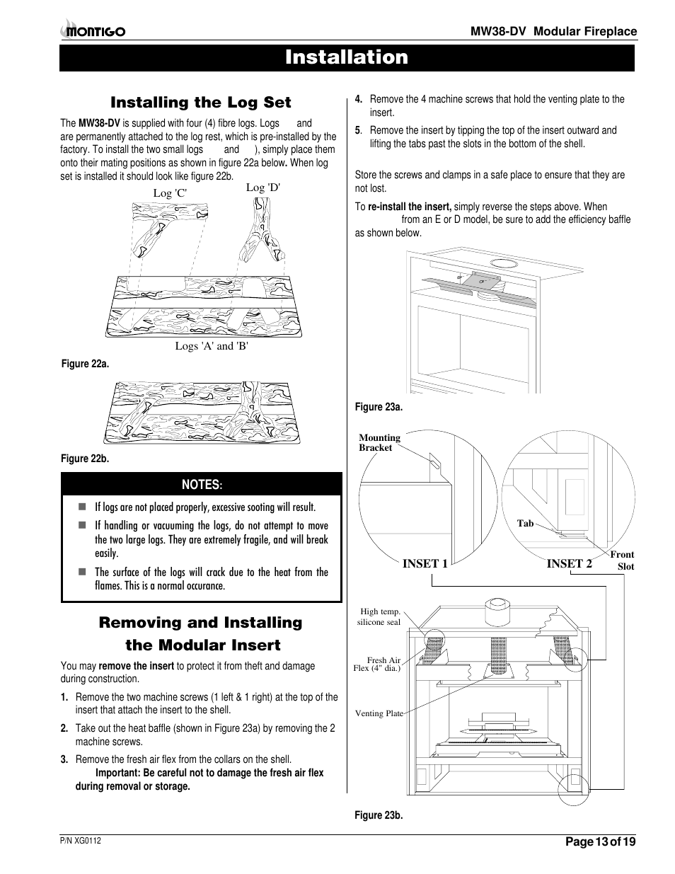 Installation, Installing the log set, Removing and installing the modular insert | Montigo MW38 DV User Manual | Page 13 / 21