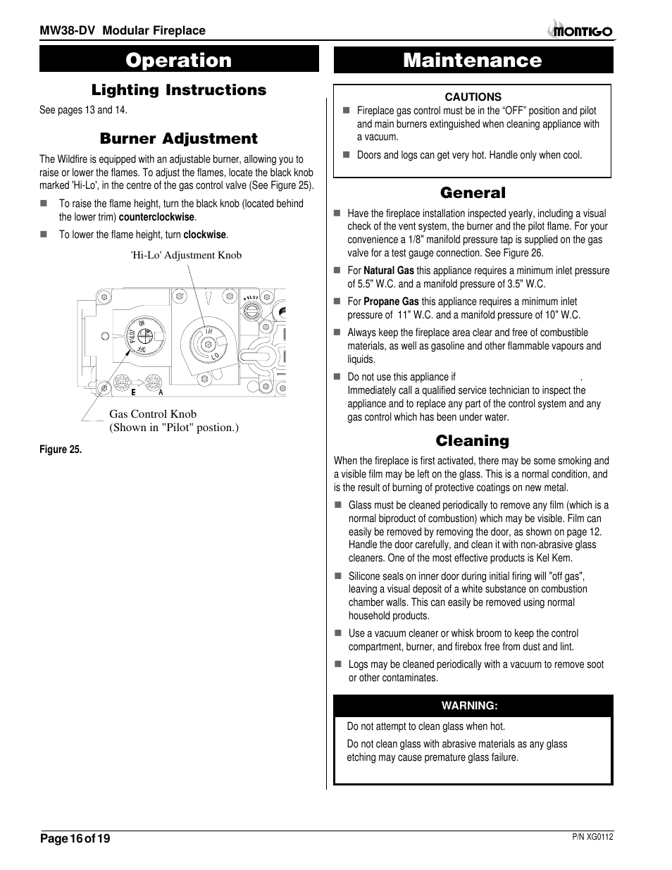 Maintenance, Operation, General | Lighting instructions, Burner adjustment, Cleaning | Montigo MW38 DV User Manual | Page 16 / 21