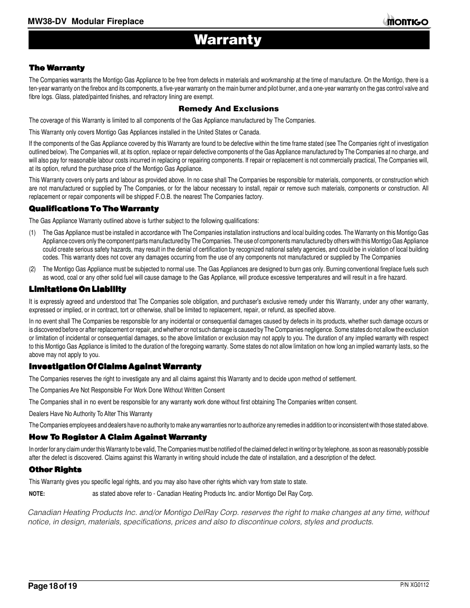 Warranty | Montigo MW38 DV User Manual | Page 18 / 21