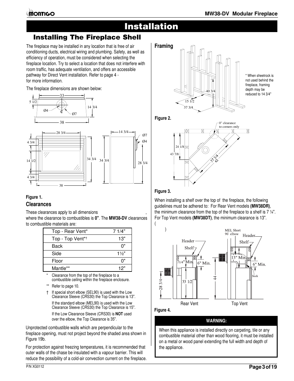 Installation, Installing the fireplace shell, Framing | Clearances | Montigo MW38 DV User Manual | Page 3 / 21