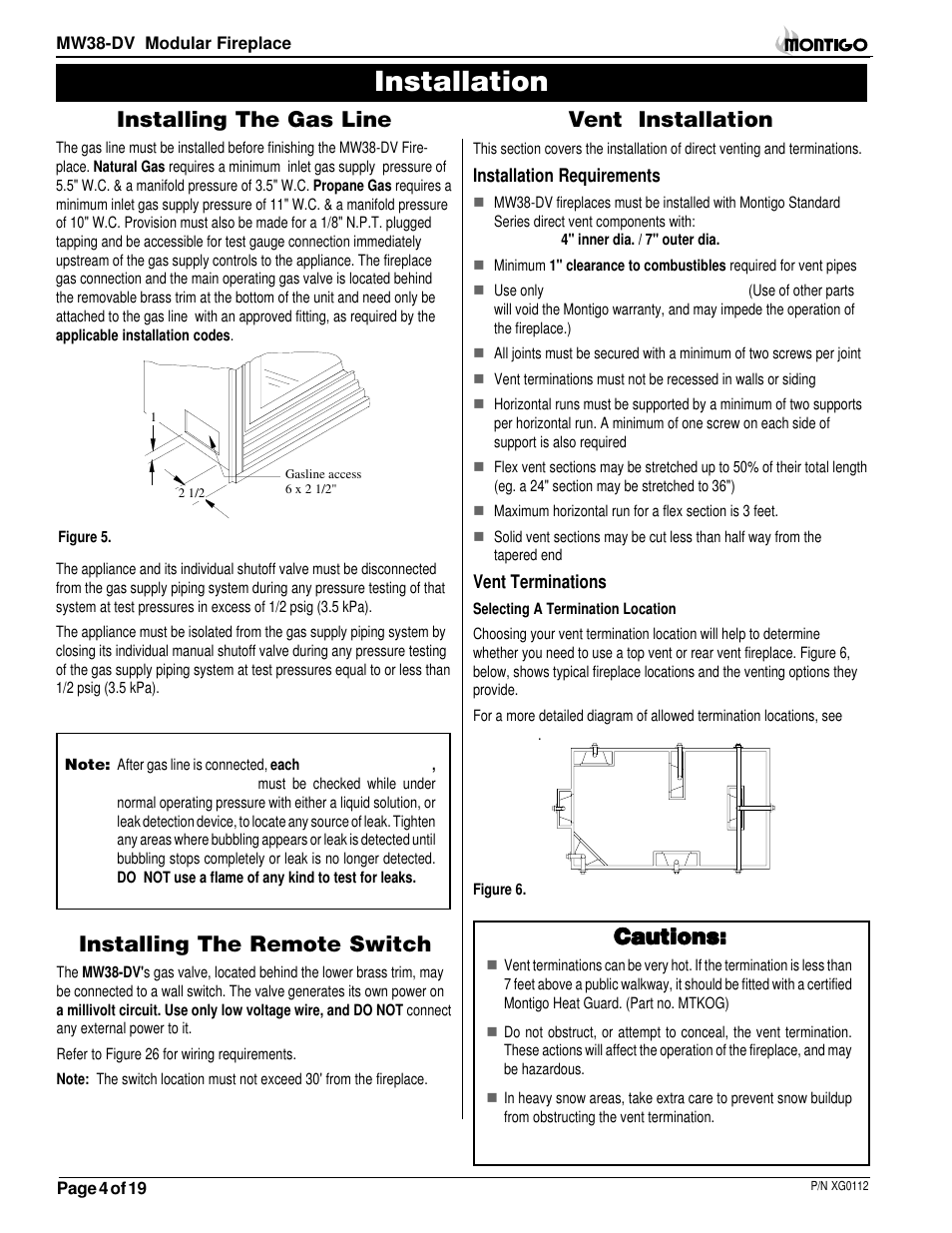 Installation, Vent installation, Cautions | Cautions: installing the gas line, Installing the remote switch | Montigo MW38 DV User Manual | Page 4 / 21
