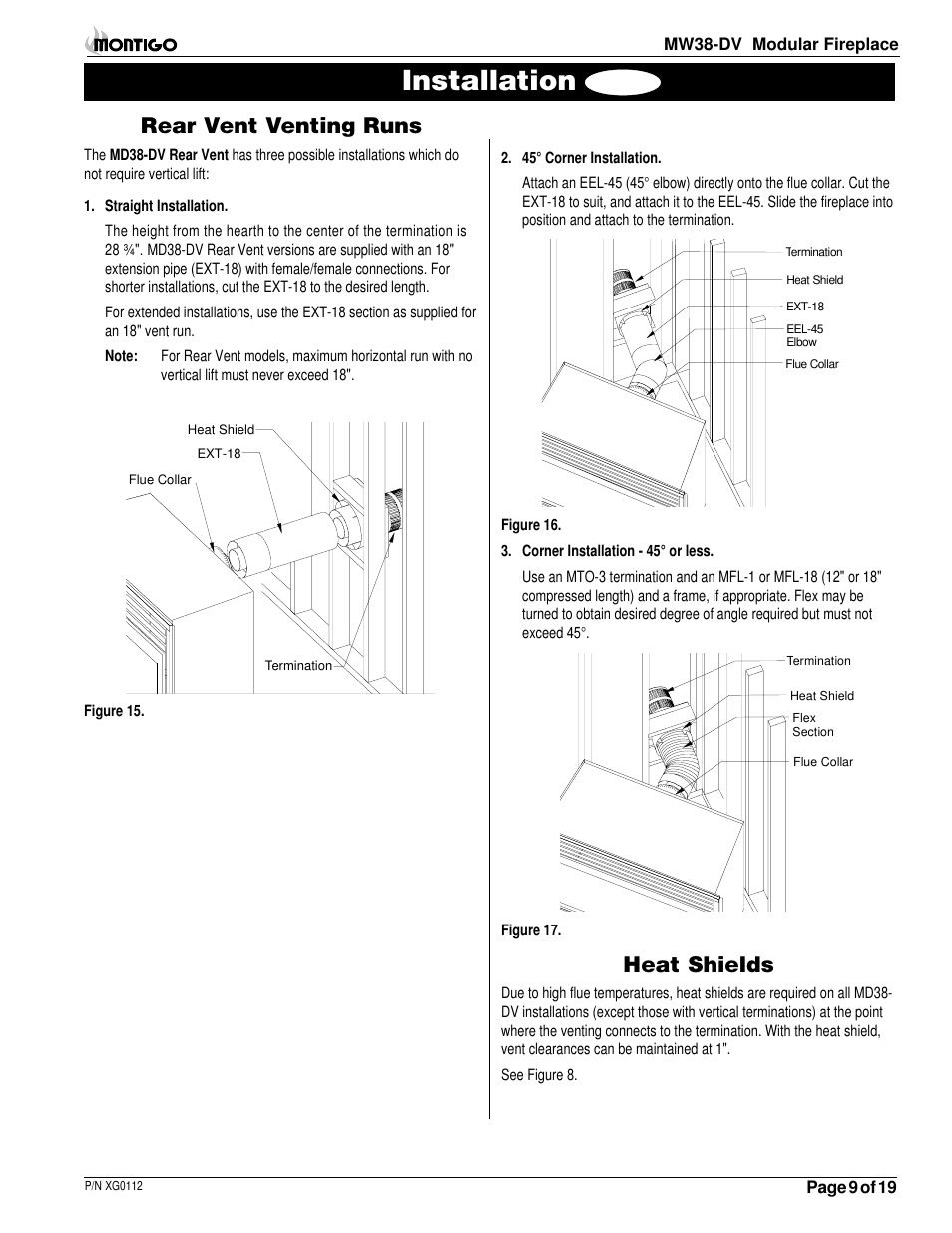Installation, Rear vent venting runs, Heat shields | Montigo MW38 DV User Manual | Page 9 / 21