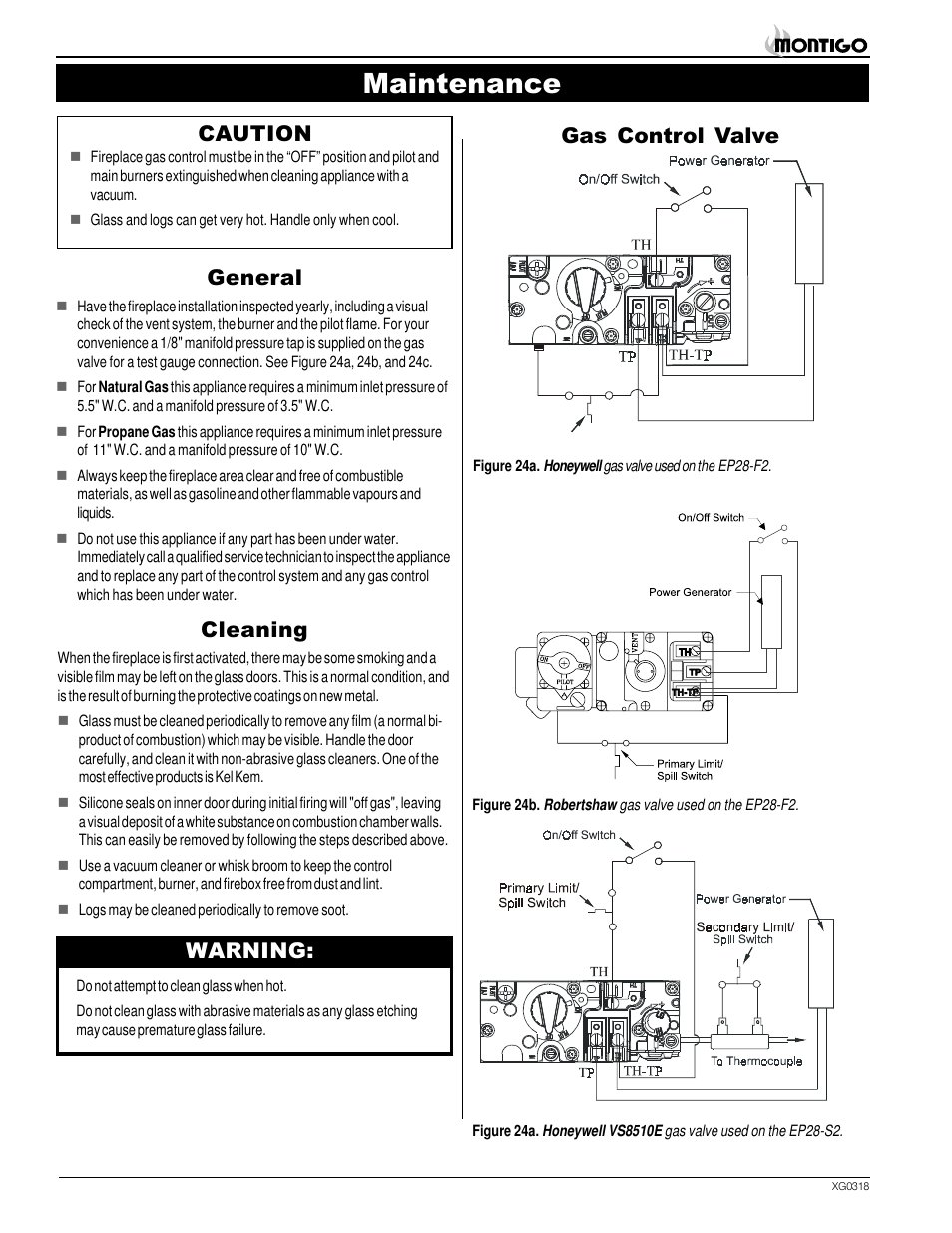 Maintenance, General, Caution | Cleaning, Warning, Gas control valve | Montigo SP28 F2 User Manual | Page 12 / 16