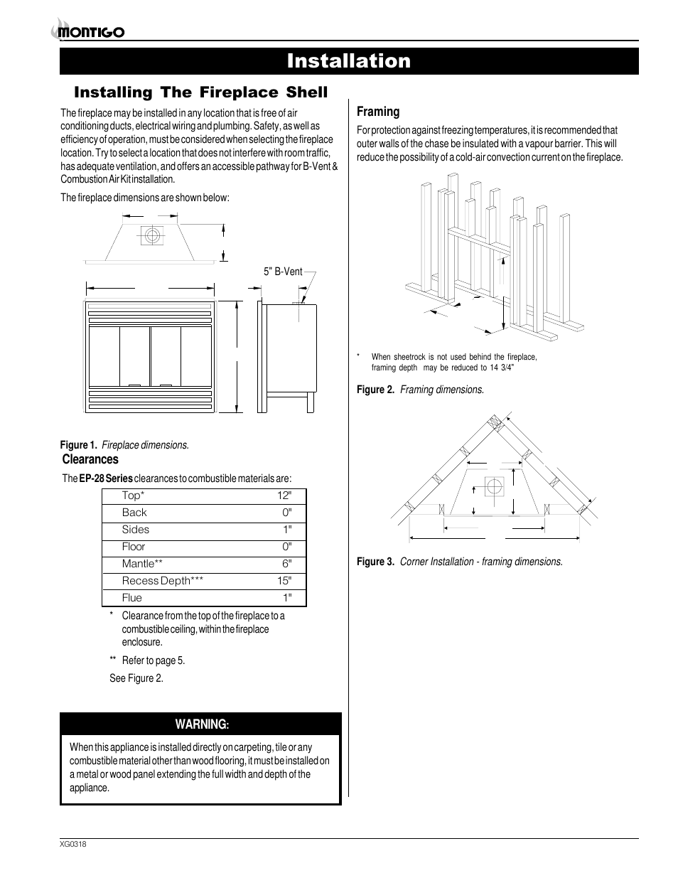 Installation, Installing the fireplace shell | Montigo SP28 F2 User Manual | Page 3 / 16