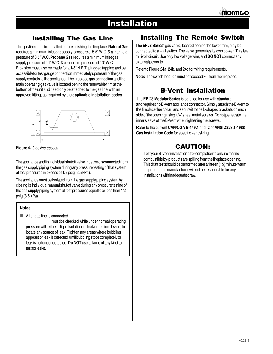 Installation, Installing the gas line, B-vent installation | Installing the remote switch, Caution | Montigo SP28 F2 User Manual | Page 4 / 16