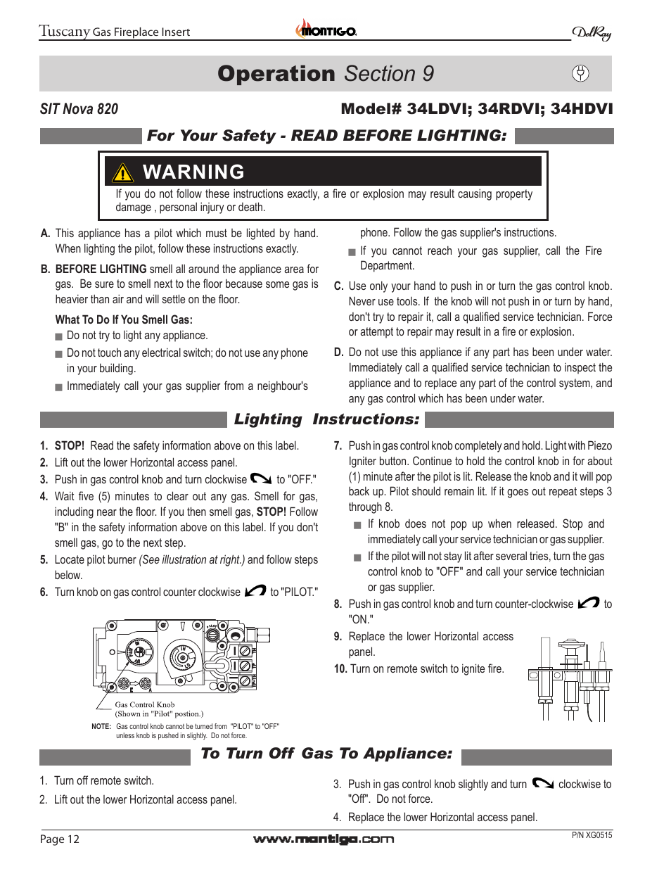 Warning, Tuscany, Page 12 | Gas fireplace insert, Do not try to light any appliance | Montigo 34DVI Tuscany User Manual | Page 12 / 20