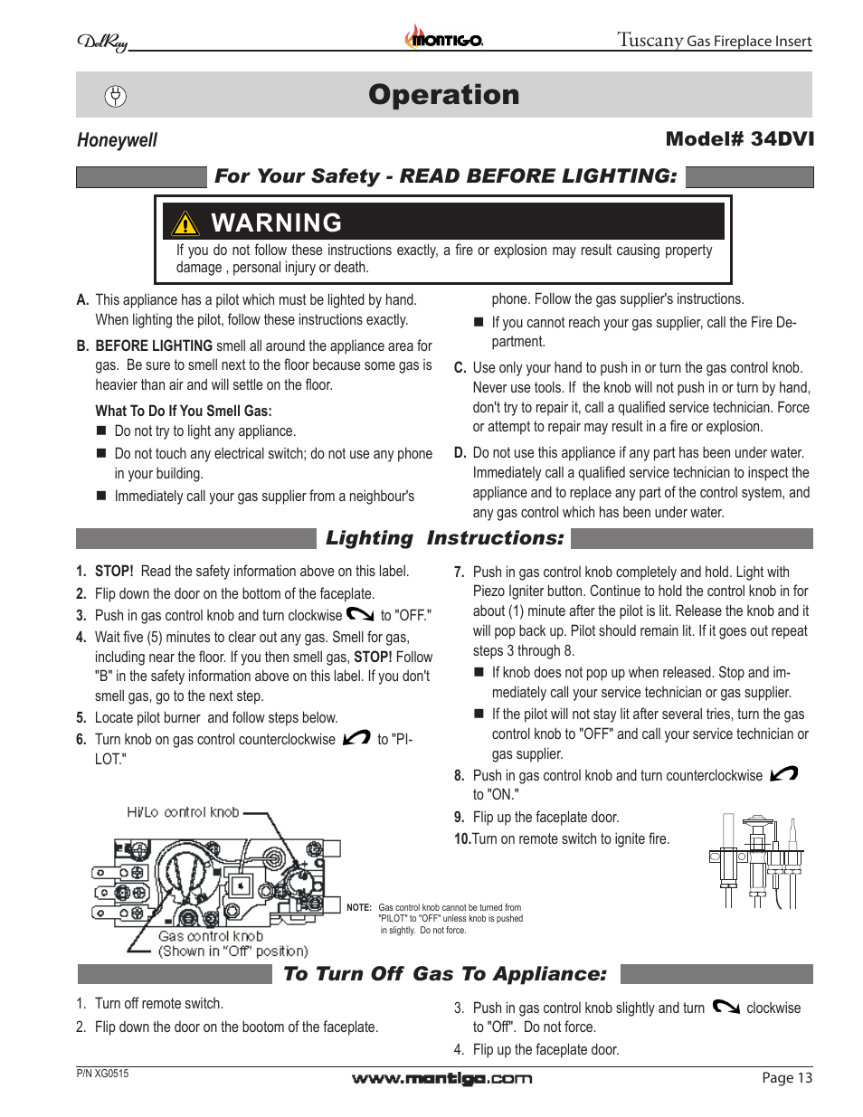 Operation, Warning, Tuscany | Lighting instructions, Page 13, Gas fireplace insert | Montigo 34DVI Tuscany User Manual | Page 13 / 20