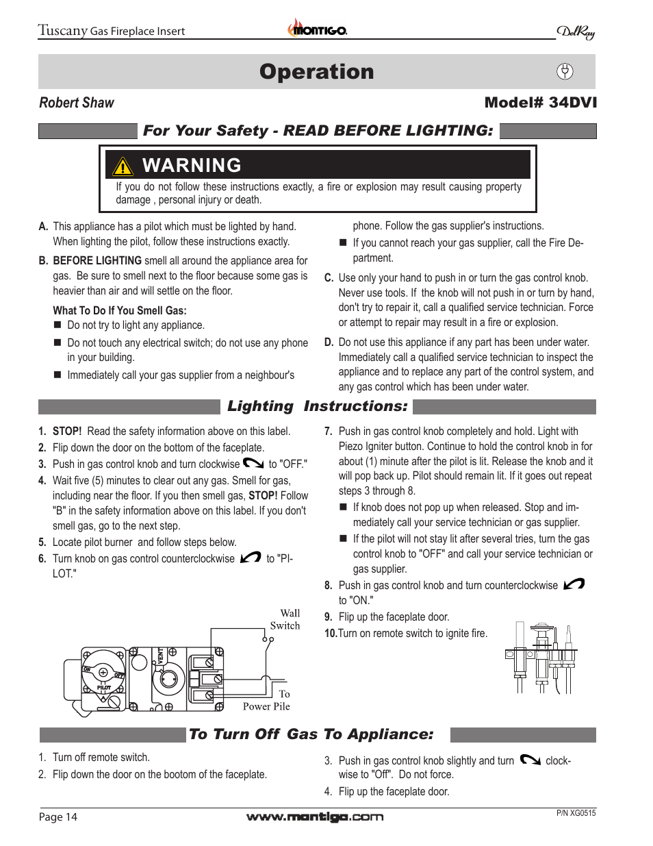 Operation, Warning, Tuscany | Lighting instructions, Page 14, Gas fireplace insert | Montigo 34DVI Tuscany User Manual | Page 14 / 20