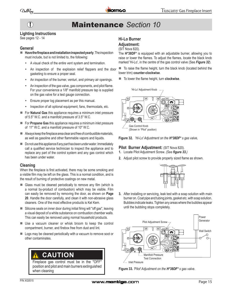 Caution, Tuscany, Lighting instructions | Hi-lo burner adjustment, General, Cleaning, Pilot burner adjustment, Page 15, Gas fireplace insert, See pages 12 - 14 | Montigo 34DVI Tuscany User Manual | Page 15 / 20