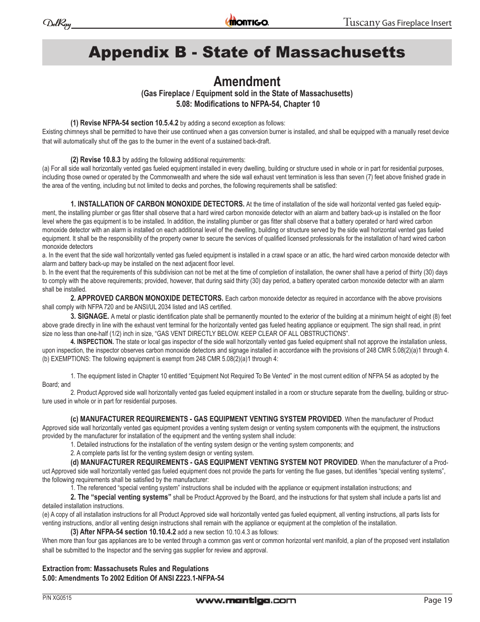 Installation appendix b - state of massachusetts, Amendment, Tuscany | Montigo 34DVI Tuscany User Manual | Page 19 / 20