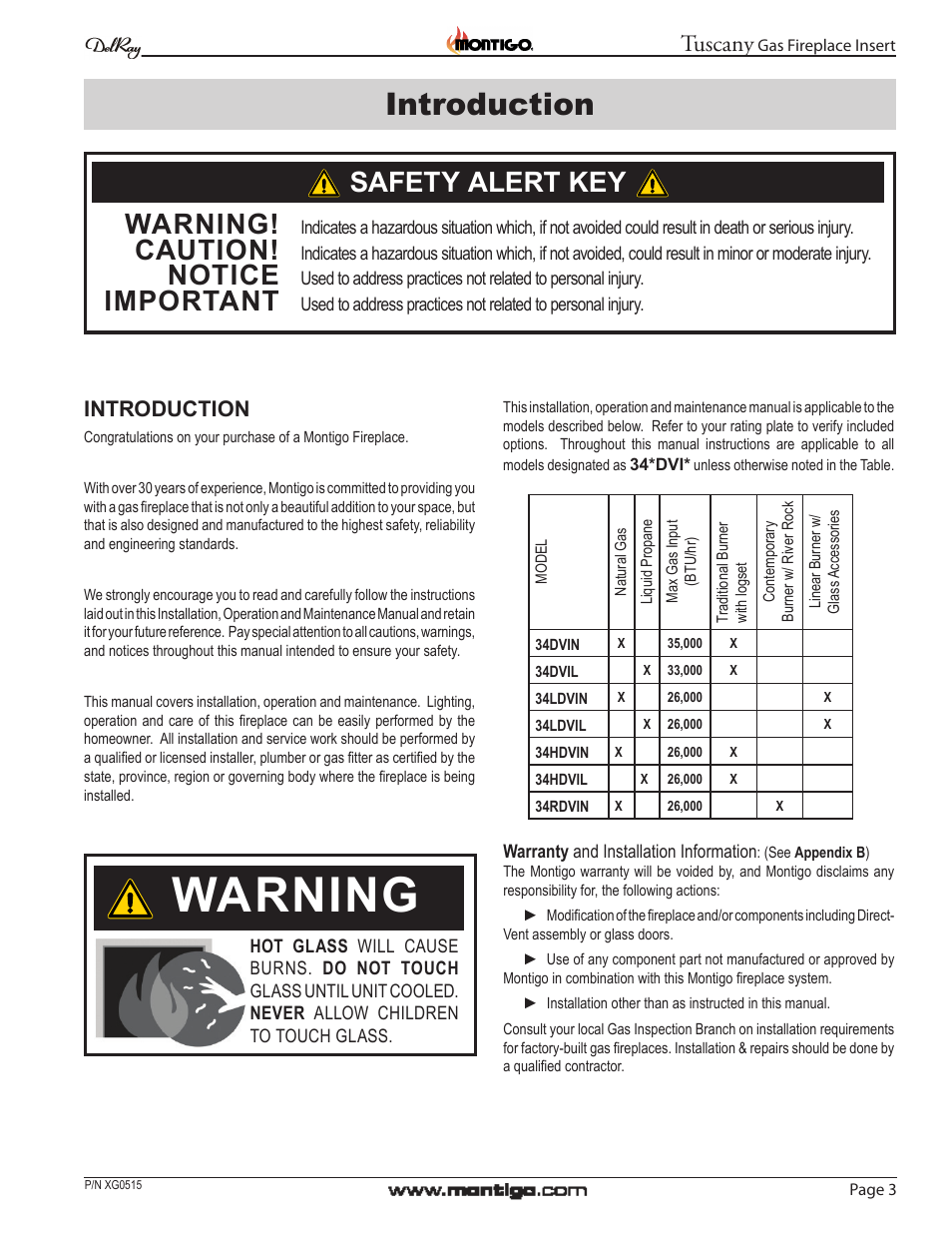 Introduction, Safety alert key, Warning | Caution, Notice, Important, Tuscany, Warranty and installation information, Page 3, Gas fireplace insert | Montigo 34DVI Tuscany User Manual | Page 3 / 20