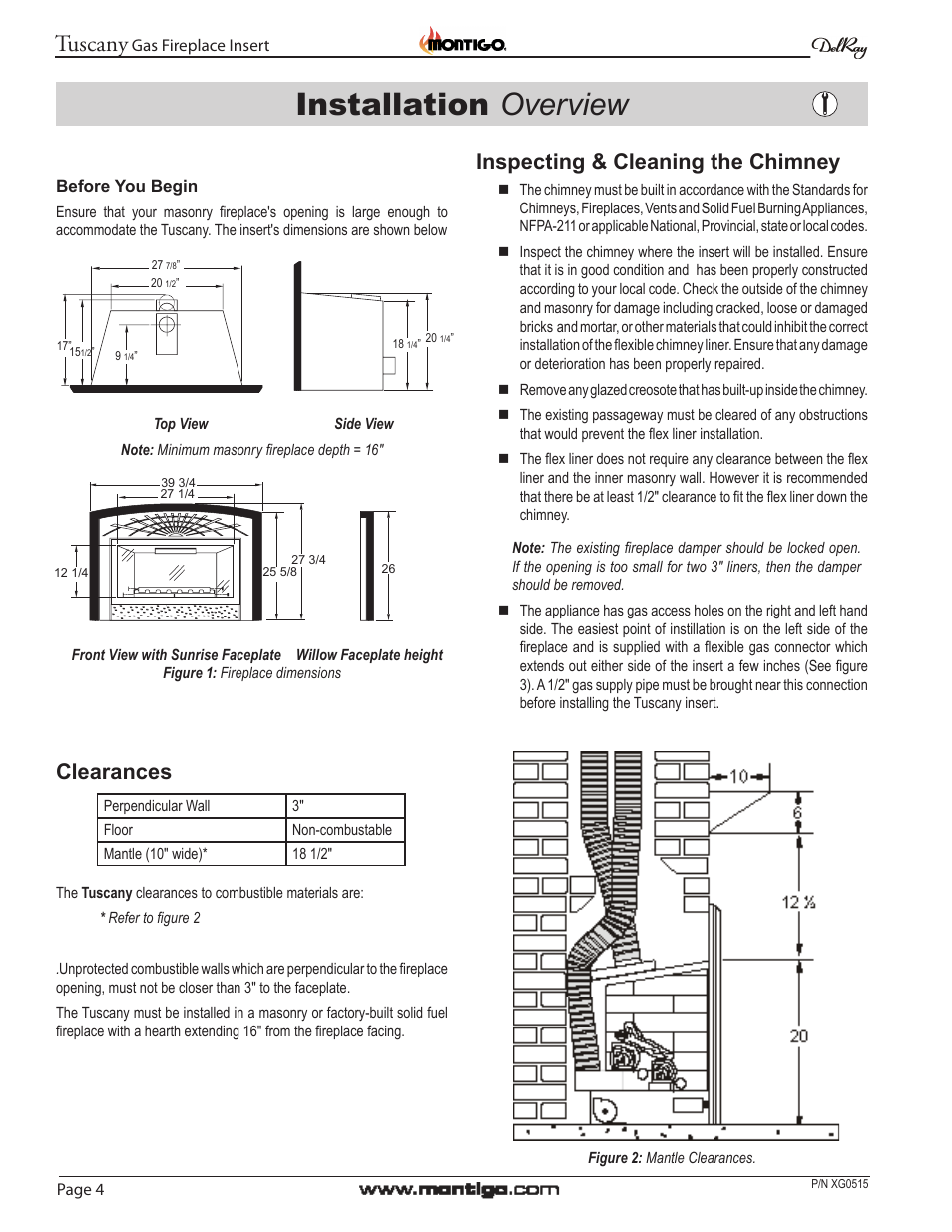 Installation overview, Tuscany, Clearances | Inspecting & cleaning the chimney | Montigo 34DVI Tuscany User Manual | Page 4 / 20