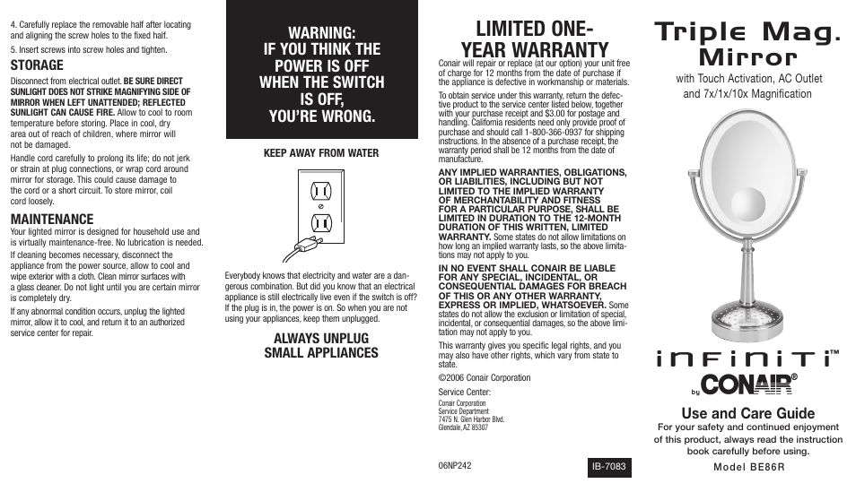 Triple mag, Mirror, Limited one- year warranty | Use and care guide, Always unplug small appliances, Storage, Maintenance | Conair Infiniti BE86R User Manual | Page 2 / 2