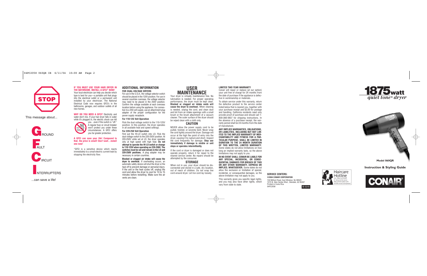 Watt, User maintenance, Quiet tone | Dryer | Conair 060QR User Manual | Page 2 / 2