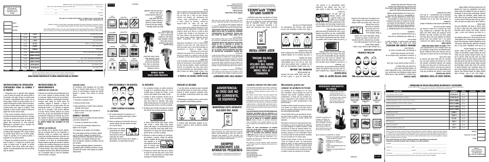 Keep aw ay from water, Alw ays unplug small appliances, Siempre desenchufe los aparatos pequeños | Mantenga este aparato alejado del agua, Limited five year w arranty, Exciting new items from conair, Taking care of your trimmer, Gro win g a be ard an d m ust ach e, Now you ’re read y to trim your beard, Ble ndi ng the ja wli ne | Conair HCT420CSV User Manual | Page 2 / 2