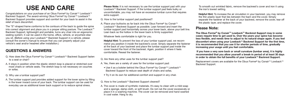 Conair Lowback Backrest Support User Manual | 2 pages