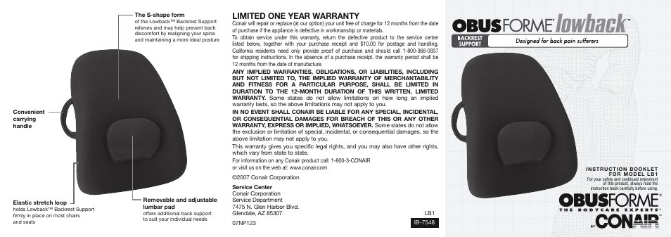 Limited one year warranty | Conair Lowback Backrest Support User Manual | Page 2 / 2