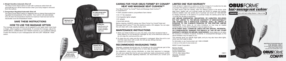 Caring for your obus forme, By conair, Heat and massage seat cushion | Maintenance instructions, Recommended massaging times, Limited one year warranty | Conair HMC1 User Manual | Page 2 / 2