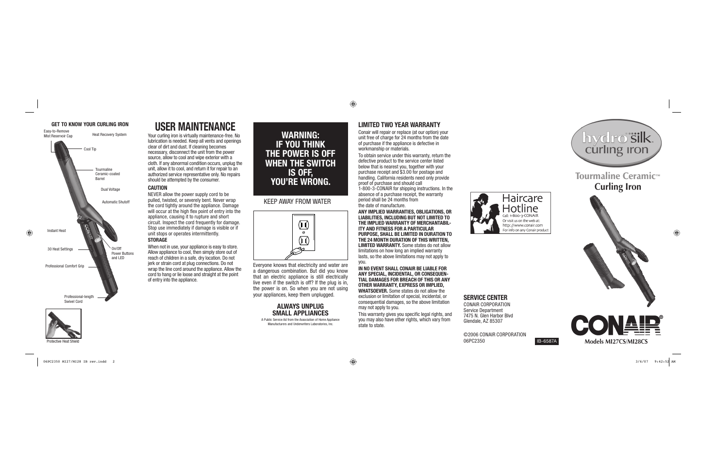 User maintenance, Tourmaline ceramic, Curling iron | Conair MI27CS User Manual | Page 2 / 2