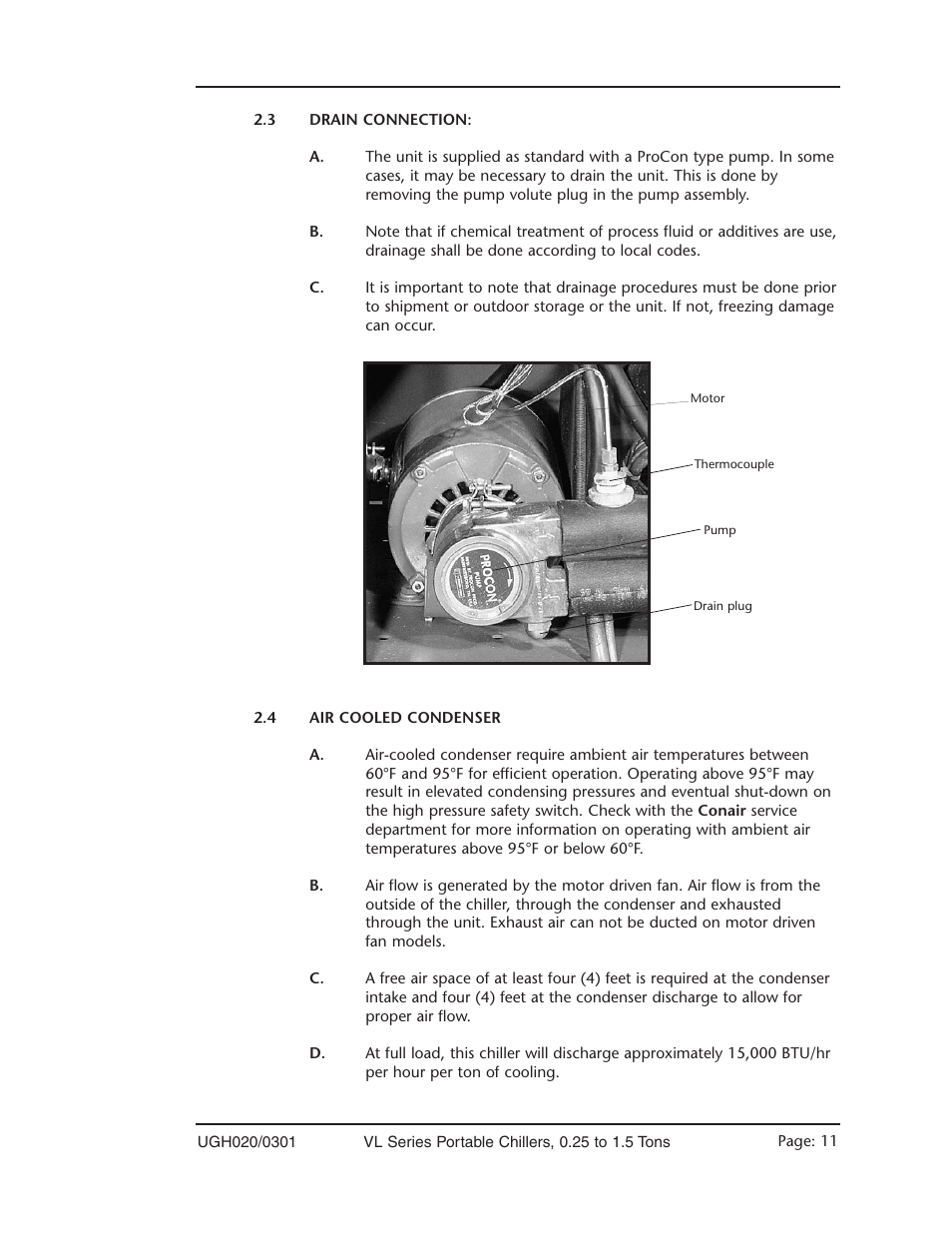 Drain connection 2.3, Air cooled condenser 2.4 | Conair VL Series User Manual | Page 11 / 44