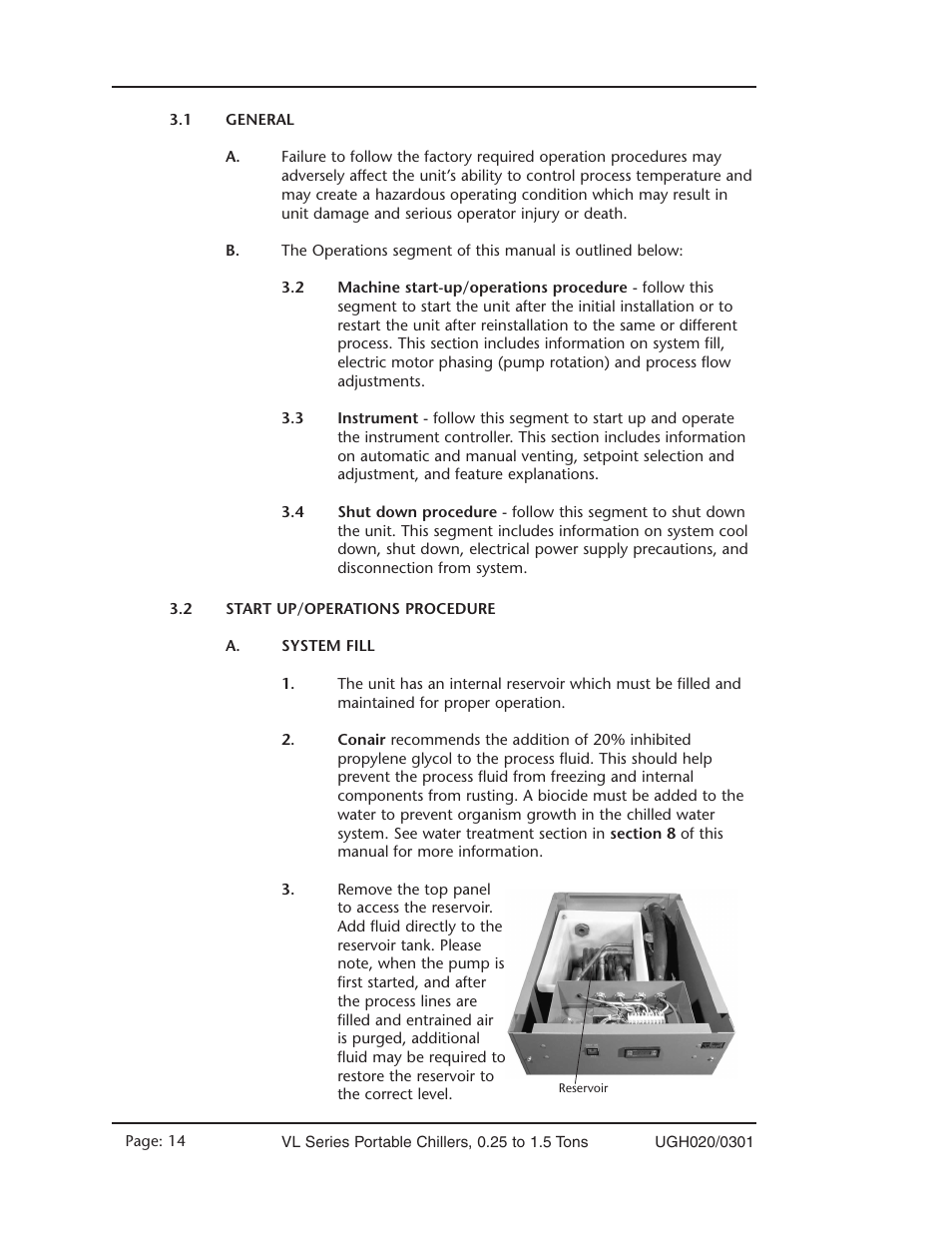 General 3.1, Start up/operations procedure 3.2, System fill | Conair VL Series User Manual | Page 14 / 44