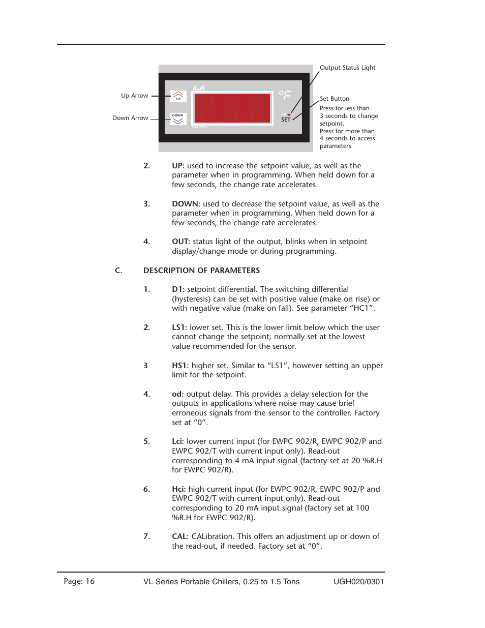 Controller keys, Description of parameters | Conair VL Series User Manual | Page 16 / 44