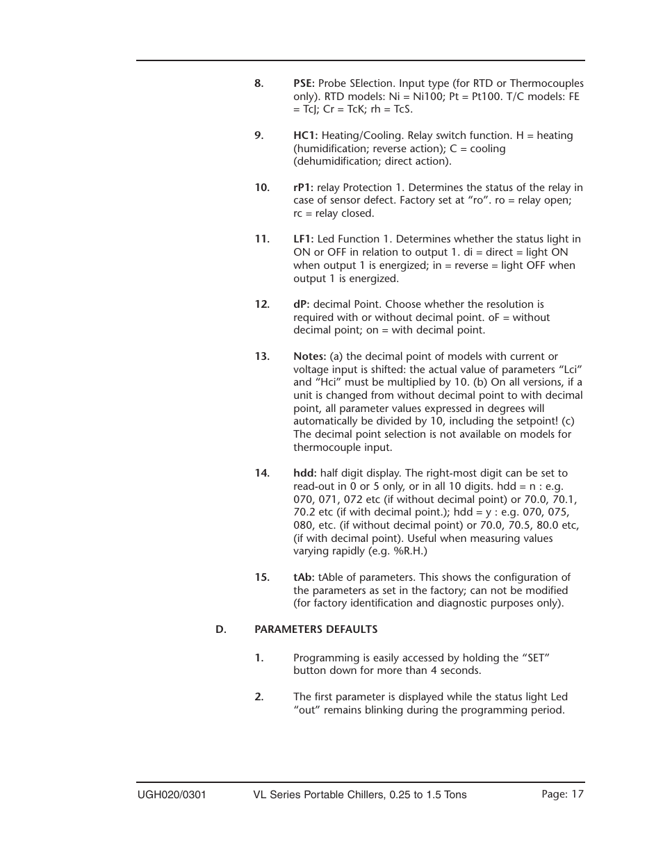Parameter defaults | Conair VL Series User Manual | Page 17 / 44