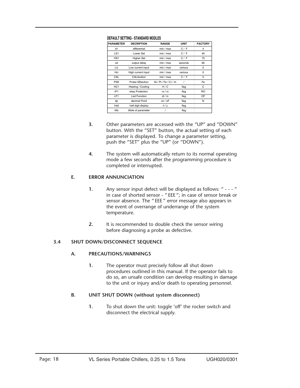 Defaut setting table, Error annunciation, Shut down/disconnect sequence 3.4 | Safety information, Unit shut down (without disconnect), Default setting - standard modles | Conair VL Series User Manual | Page 18 / 44