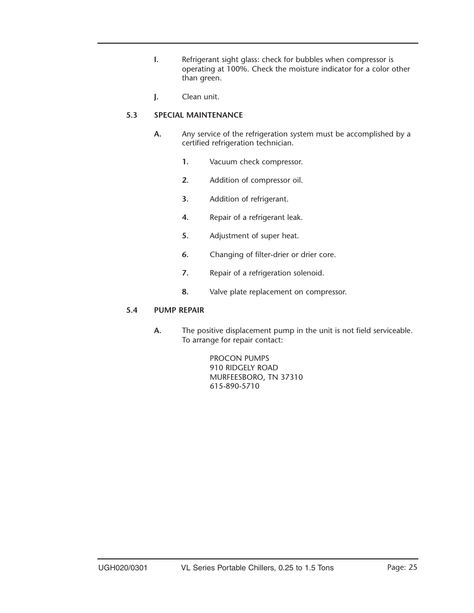 Special maintenance 5.3, Pump repair 5.4 | Conair VL Series User Manual | Page 25 / 44