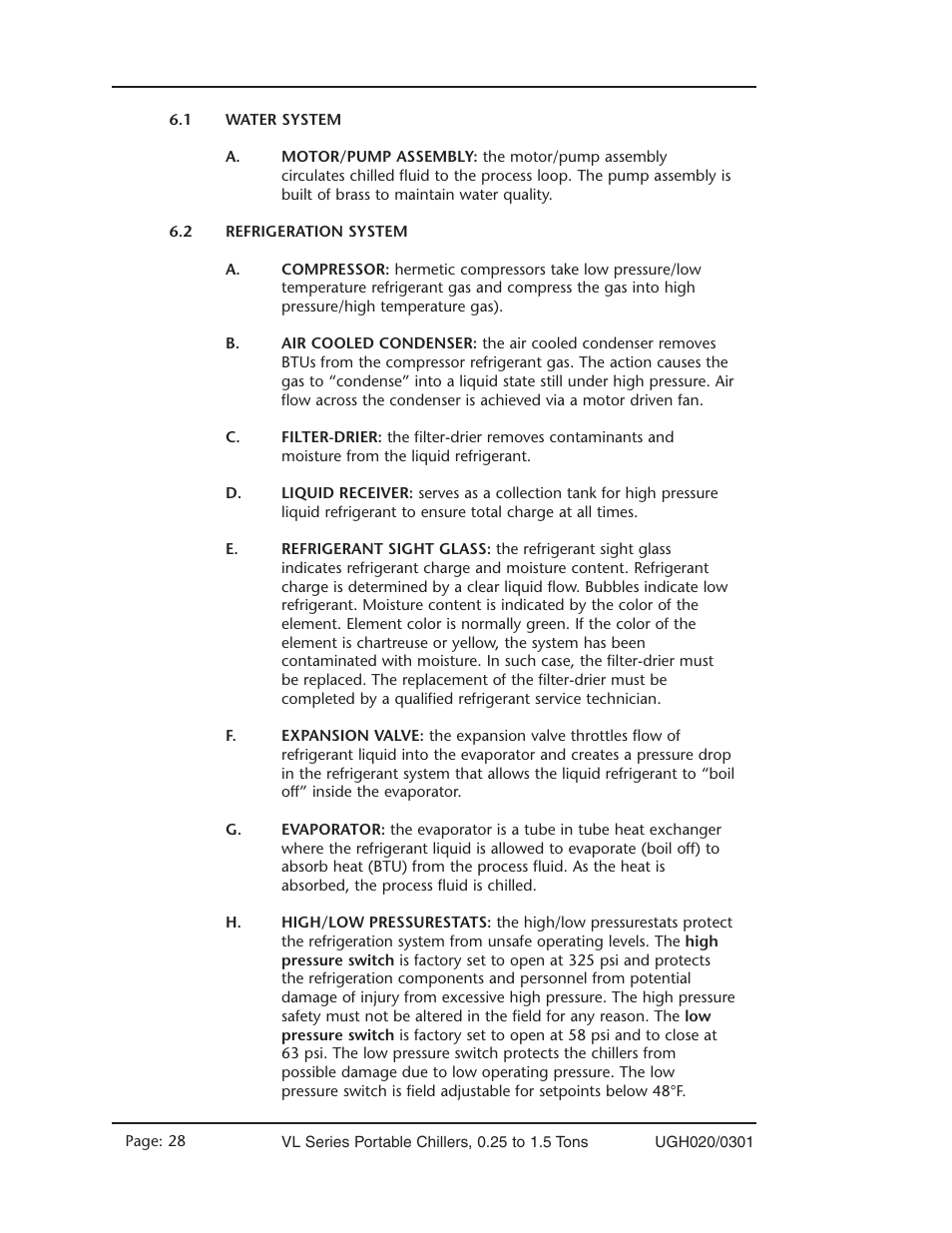 Water system 6.1, Refrigeration system 6.2 | Conair VL Series User Manual | Page 28 / 44