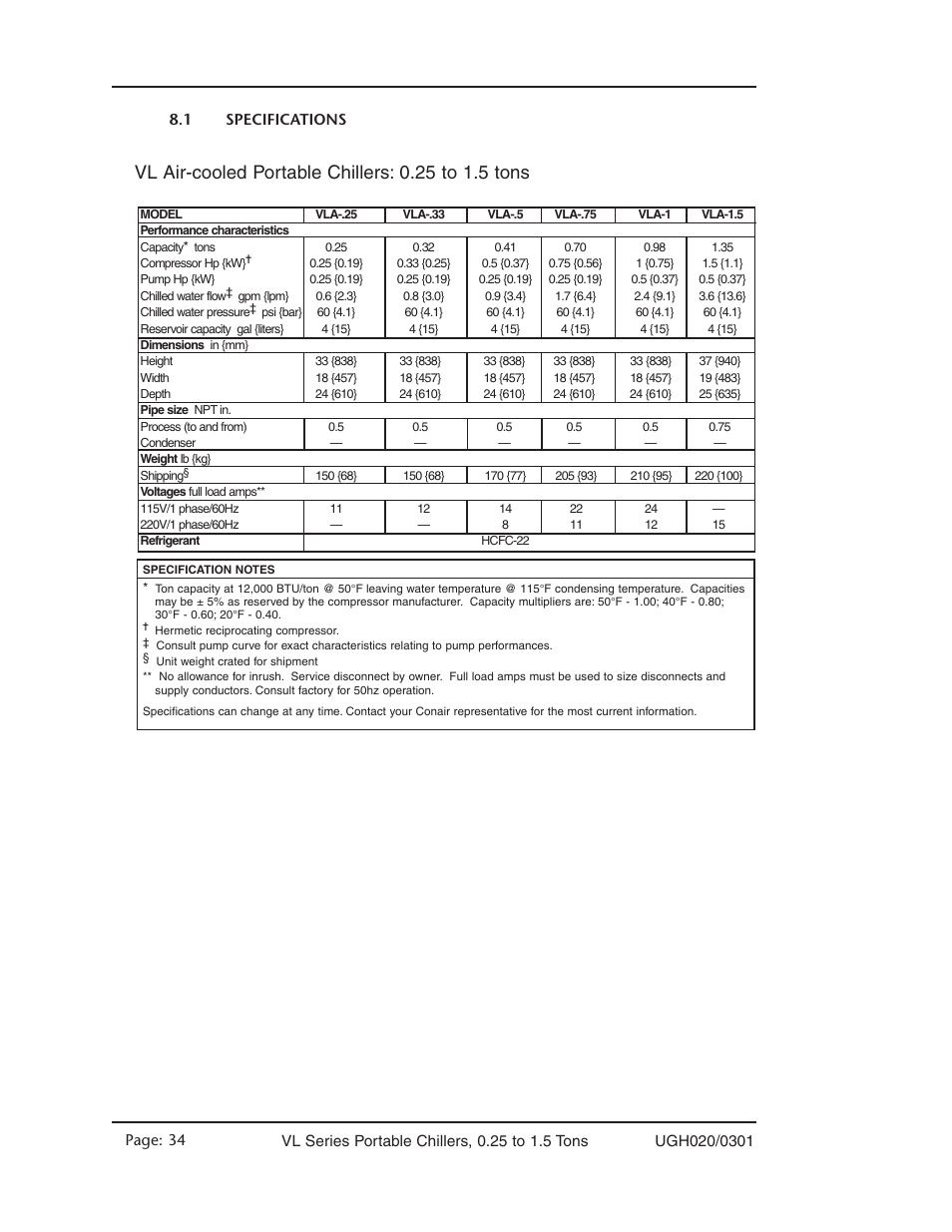 Specifications 8.1 | Conair VL Series User Manual | Page 34 / 44