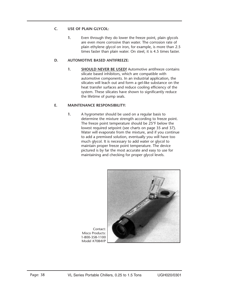 Use of plain glycol, Automotive based antifreeze, Maintenance responsibility | Conair VL Series User Manual | Page 38 / 44