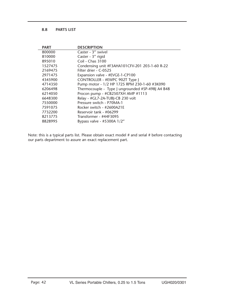 Parts list 8.8 | Conair VL Series User Manual | Page 42 / 44