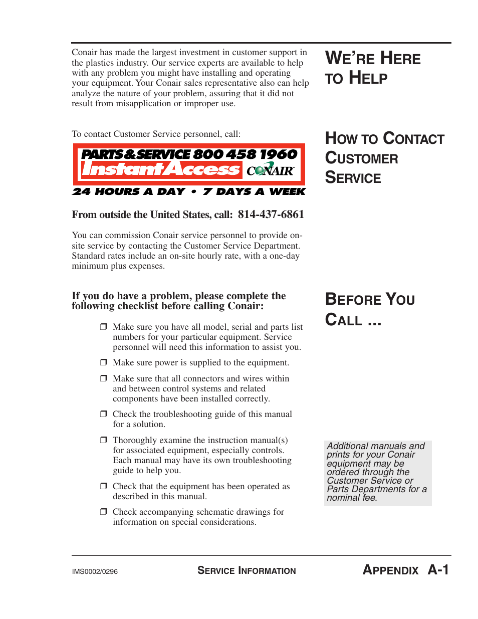 Appendix -a, Service information, Warranty information | Ere to | Conair VL Series User Manual | Page 43 / 44