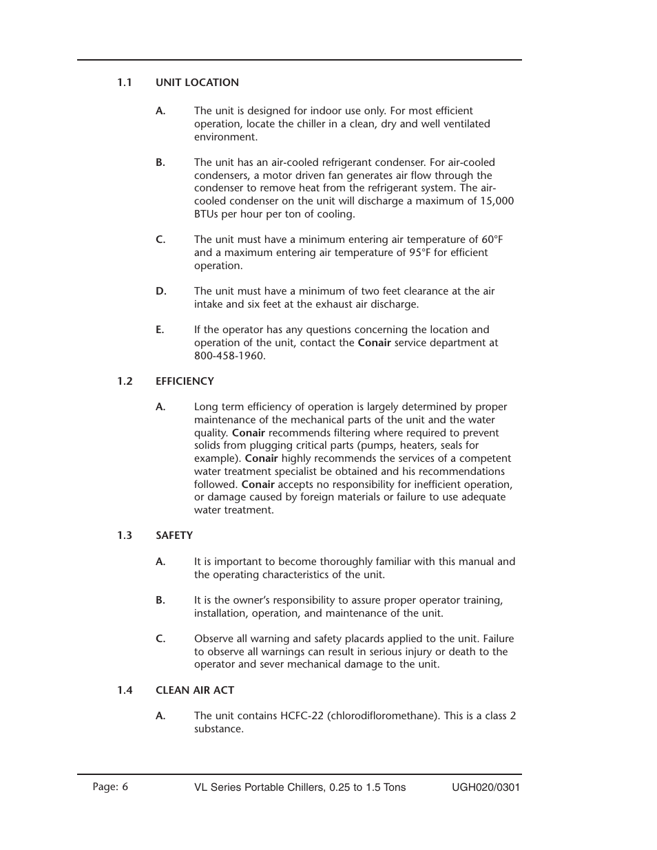 Unit location - 1.1, Efficiency - 1.2, Safety - 1.3 | Clean air act - 1.4 | Conair VL Series User Manual | Page 6 / 44