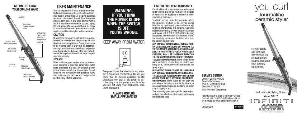 You curl, Tourmaline ceramic styler, User maintenance | Caution, Limited five year warranty, Service center, Getting to know your curling wand, Always unplug small appliances | Conair CD117 User Manual | Page 2 / 2